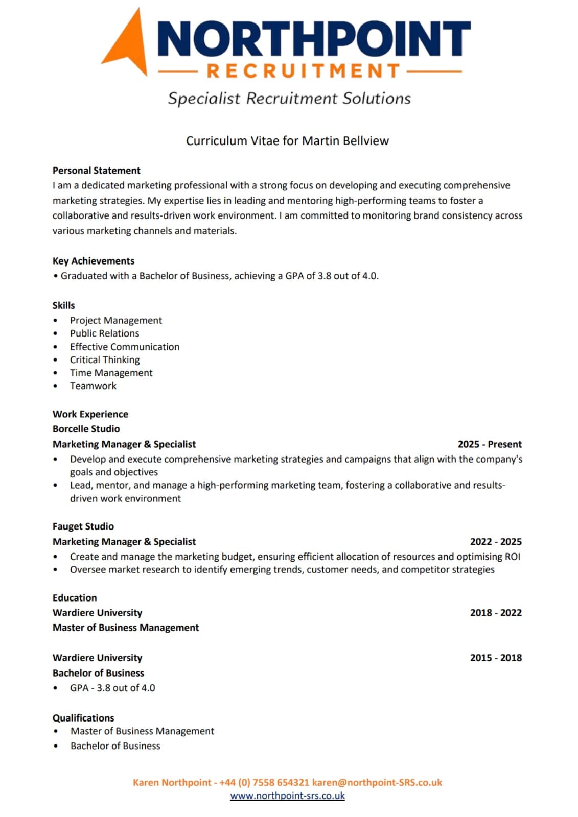 Professionally formatted CV with recruiter branding. Output from QuickSmartCV